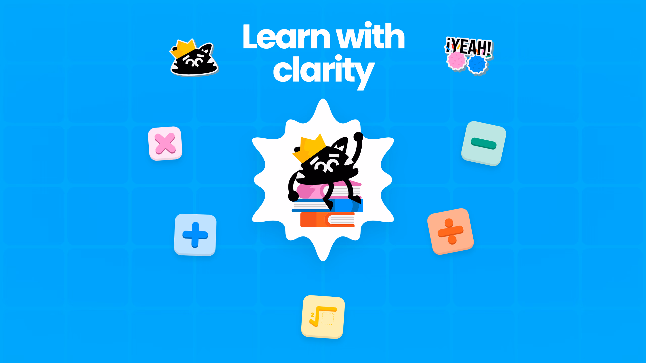 Designed Graus cover with the phrase Learn with clarity, the crowned mascot, and colorful mathematics symbols on the product's blue grid.